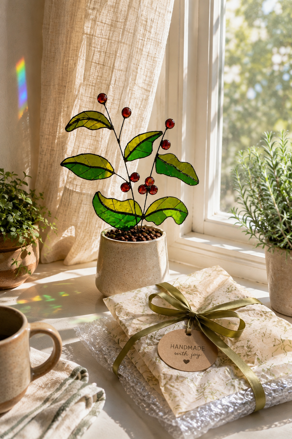 Handmade Stained Glass Coffee Plant | Coffee Lover Gift | Botanical Coffee Bar Decor - Samara Designs Studio