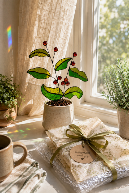 Handmade Stained Glass Coffee Plant | Coffee Lover Gift | Botanical Coffee Bar Decor - Samara Designs Studio