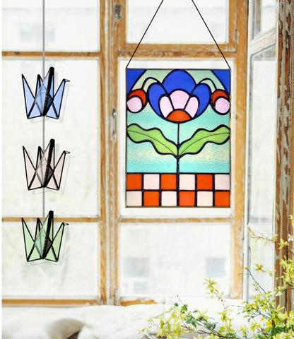 Checker Blossom Folk Art Botanical Stained Glass Panel - Samara Designs Studio