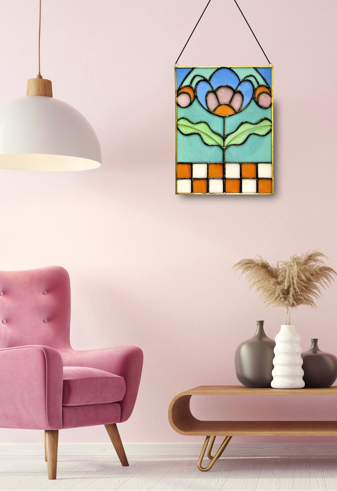 Checkered Blossom Folk Art Botanical Stained Glass Panel - Samara Designs Studio