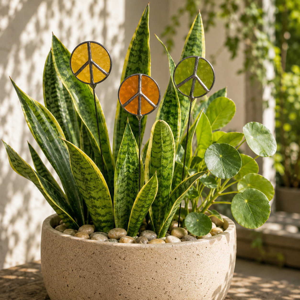 Glass Peace Sign Plant Stakes – Handmade Stained Glass Garden Decor - Samara Designs Studio