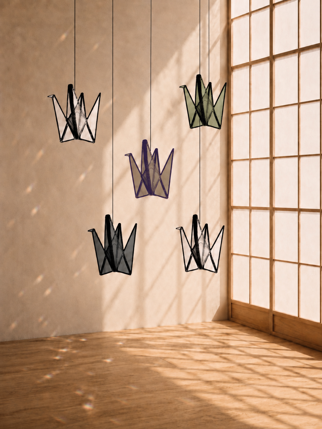 Japandi Stained Glass Origami Crane Suncatcher