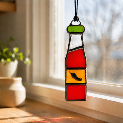 Stained Glass Hot Sauce Bottle Suncatcher & Christmas Ornament | Foodie Gift