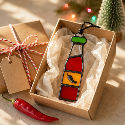 Stained Glass Hot Sauce Bottle Suncatcher & Christmas Ornament | Foodie Gift