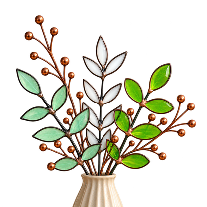 Stained Glass Botanical Arrangement | Handmade Glass Greenery & Copper Berry Sprigs