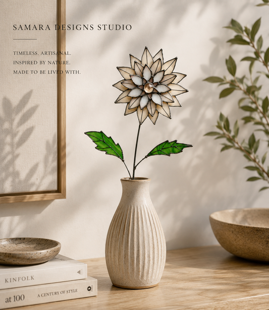 Peachy Pink 3D Stained Glass Dahlia Stem | Layered Glass Flower Art - Samara Designs Studio