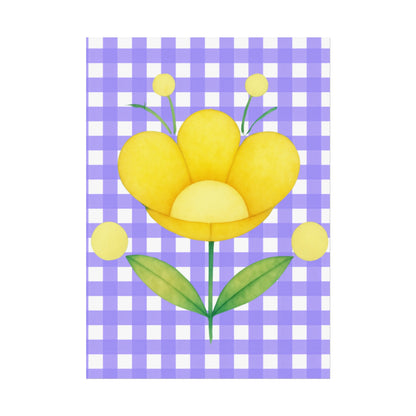 Yellow flower on a purple and white checkered background