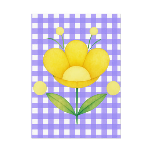 Yellow flower on a purple and white checkered background