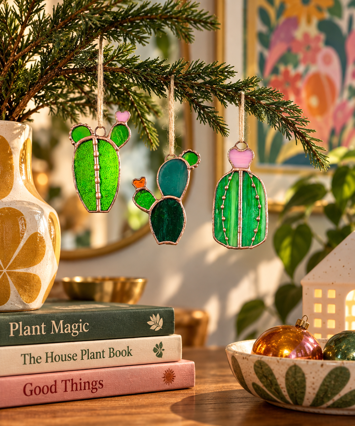 Mini Cactus Stained Glass Ornament Set