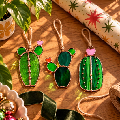 Mini Cactus Stained Glass Ornament Set