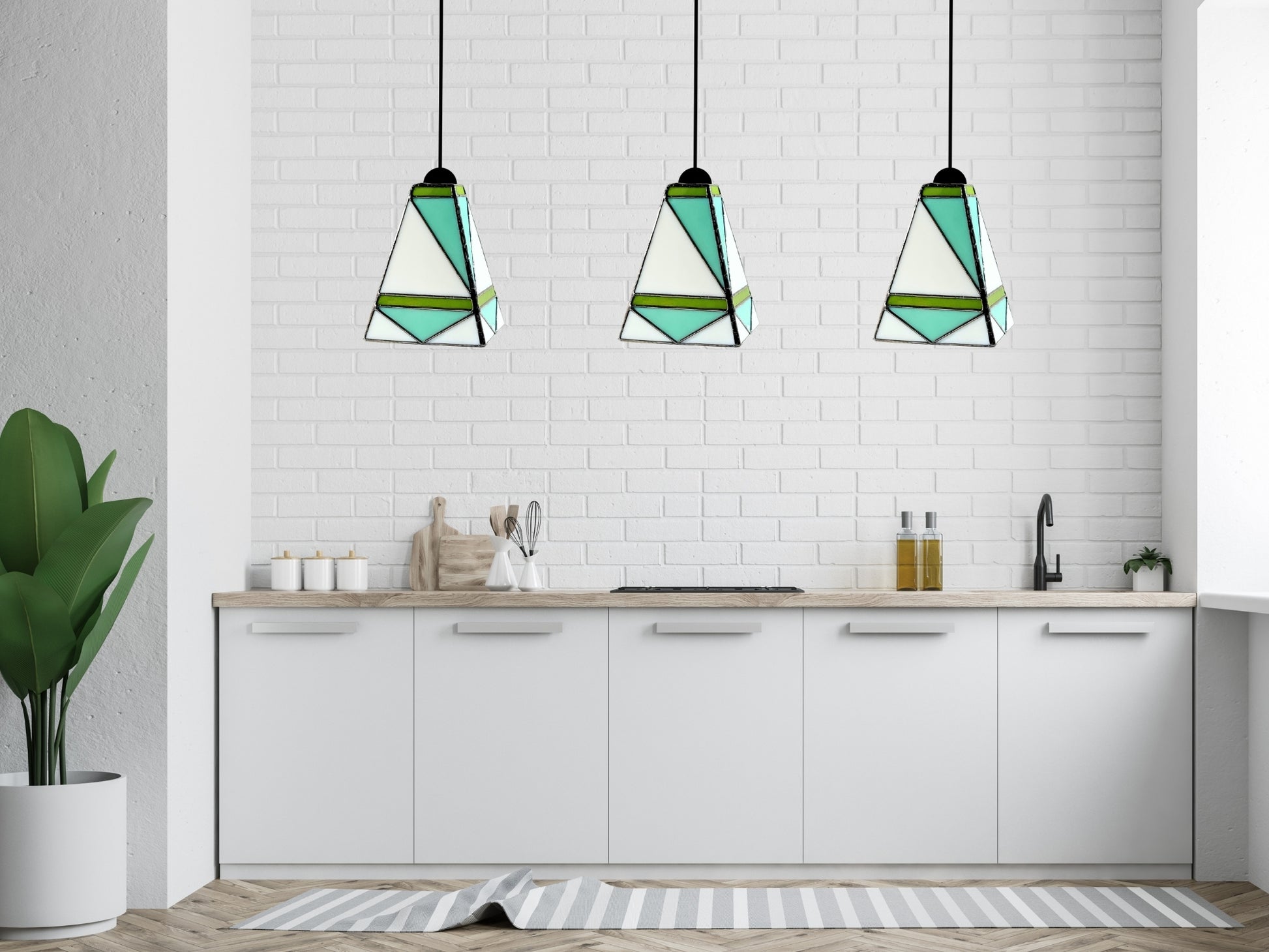 GeoGlow Mid-Century Modern Stained Glass Pendant – Designer Trio Set of 3 - Samara Designs Studio