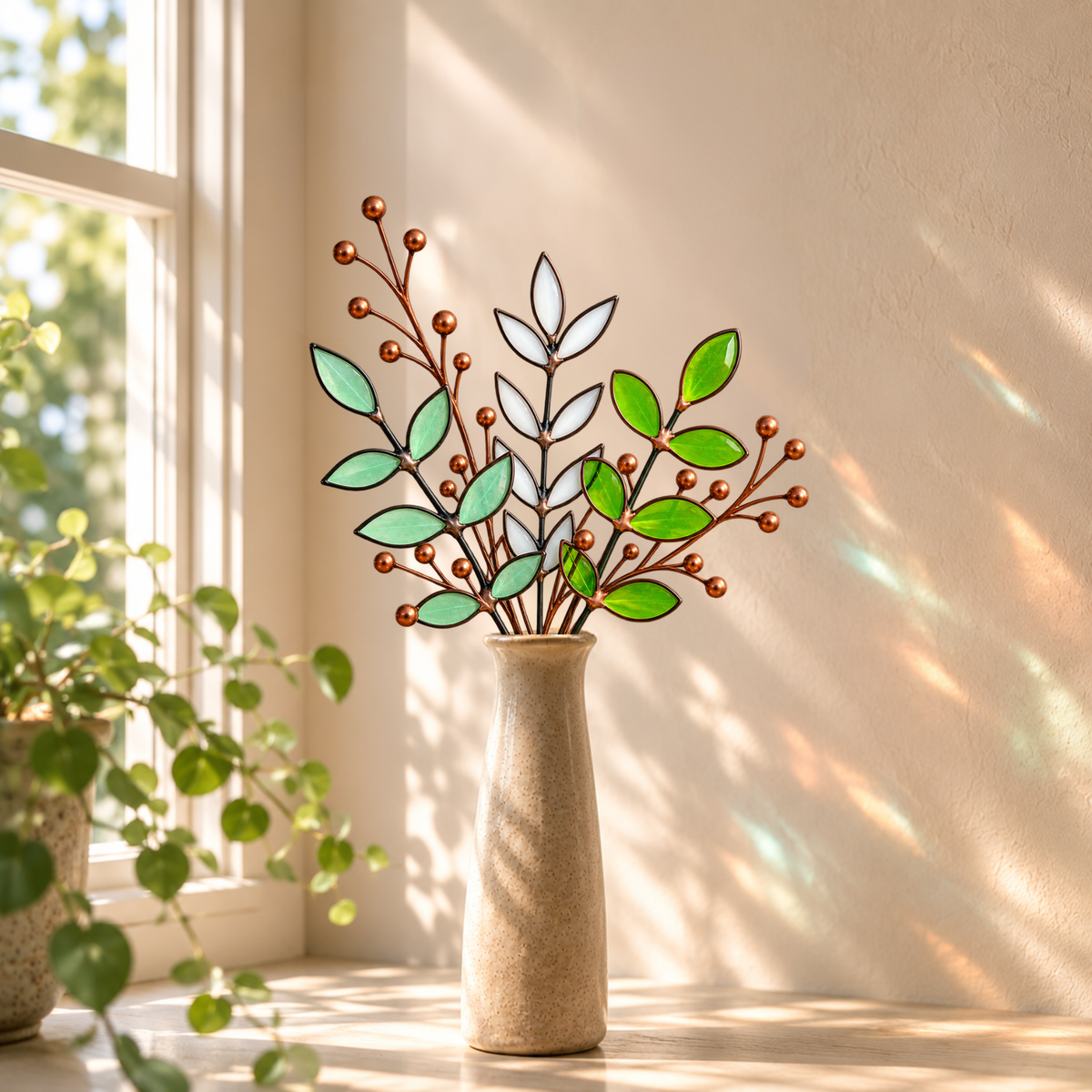 Stained Glass Botanical Arrangement | Handmade Glass Greenery & Copper Berry Sprigs