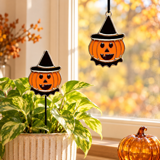 Stained Glass Jack-O’-Lantern | Plant Stake or Hanging Suncatcher - Samara Designs Studio