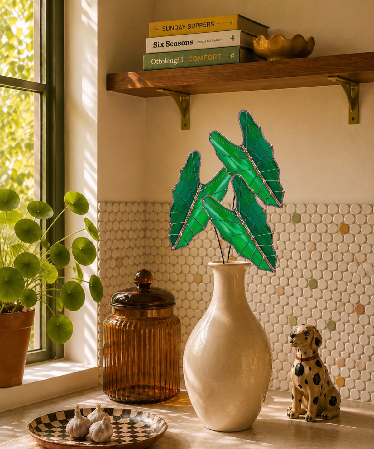 Stained Glass Alocasia Leaf Stem | Handmade Botanical Art