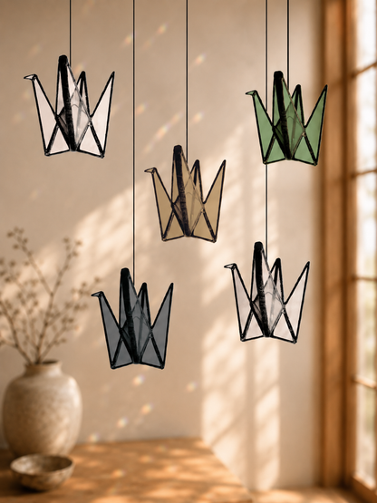 Japandi Stained Glass Origami Crane Suncatcher
