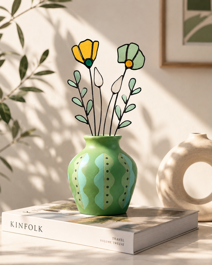Handmade Stained Glass Wildflower Arrangement –  Amber & Sage Green - Samara Designs Studio