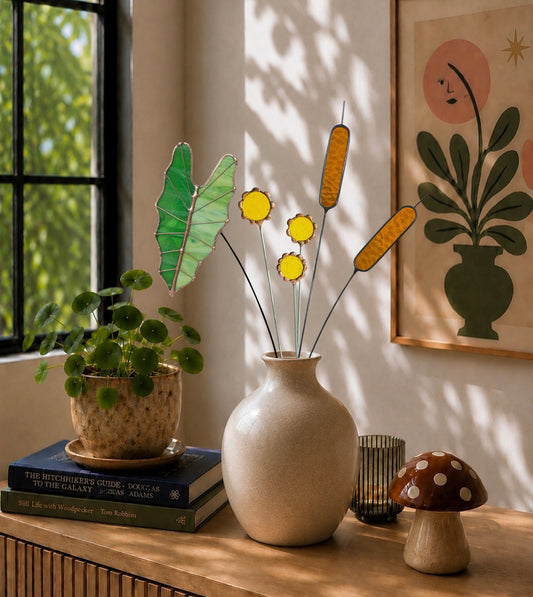 Stained Glass Floral Arrangement with Yellow Buttercups - Samara Designs Studio