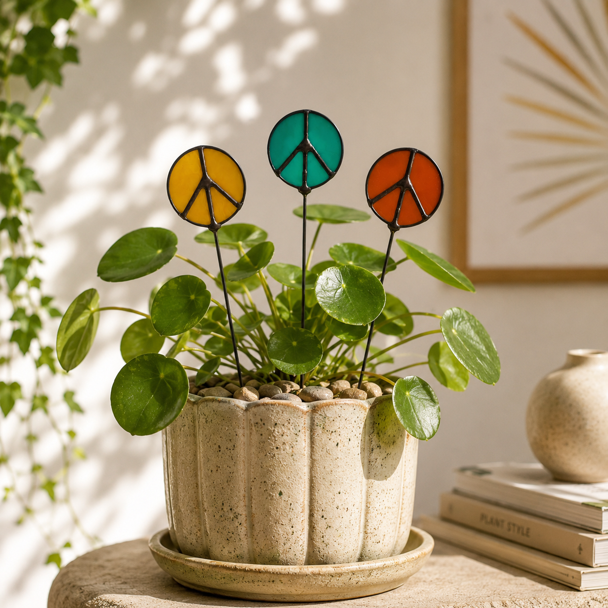 Glass Peace Sign Plant Stakes – Handmade Stained Glass Garden Decor - Samara Designs Studio