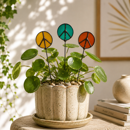 Glass Peace Sign Plant Stakes – Handmade Stained Glass Garden Decor - Samara Designs Studio