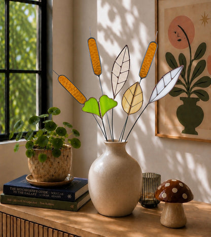 Stained Glass Botanical Bouquet | Amber Cattails & Ginkgo Leaves