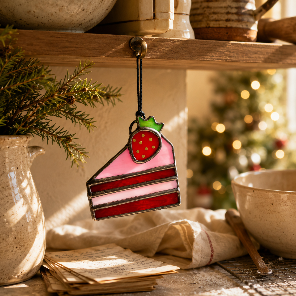 Mini Strawberry Cake Glass Suncatcher