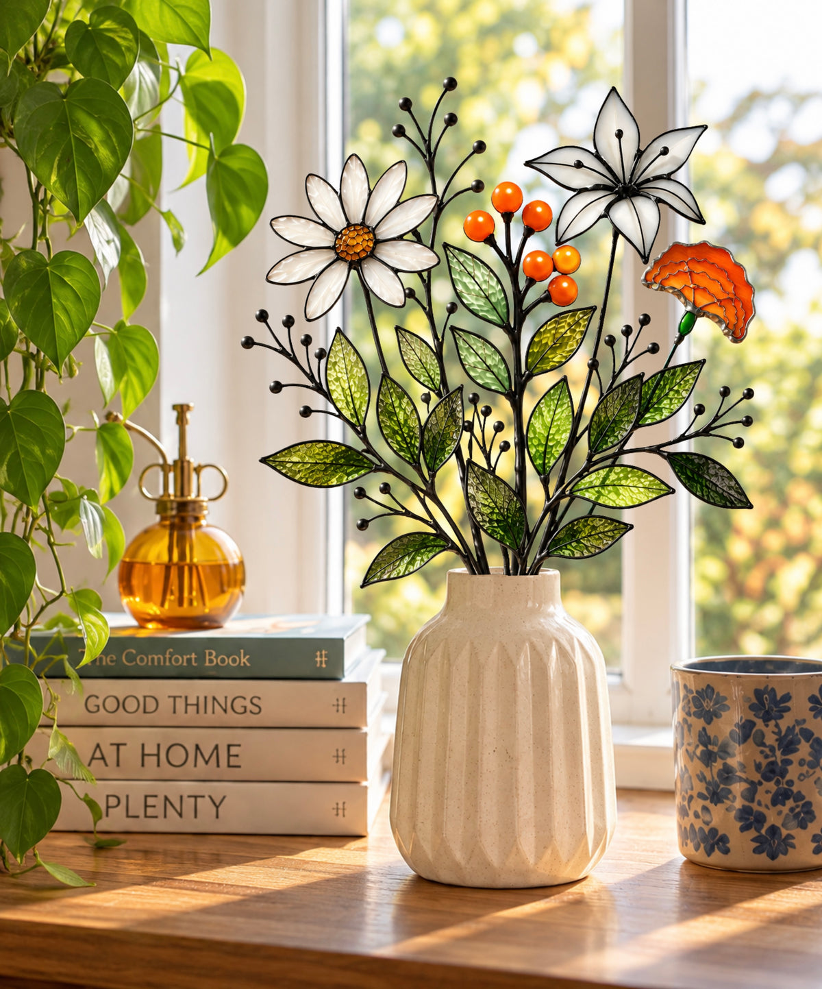 Orange Meadow stained glass flower bouquet featuring a white coneflower, white lily, orange marigold, bright orange berries, and textured green glass foliage with delicate black wire sprigs. Displayed in a cream ceramic vase on a sunlit wooden table in a warm, retro-modern home.