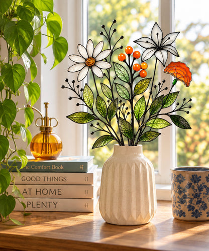 Orange Meadow stained glass flower bouquet featuring a white coneflower, white lily, orange marigold, bright orange berries, and textured green glass foliage with delicate black wire sprigs. Displayed in a cream ceramic vase on a sunlit wooden table in a warm, retro-modern home.