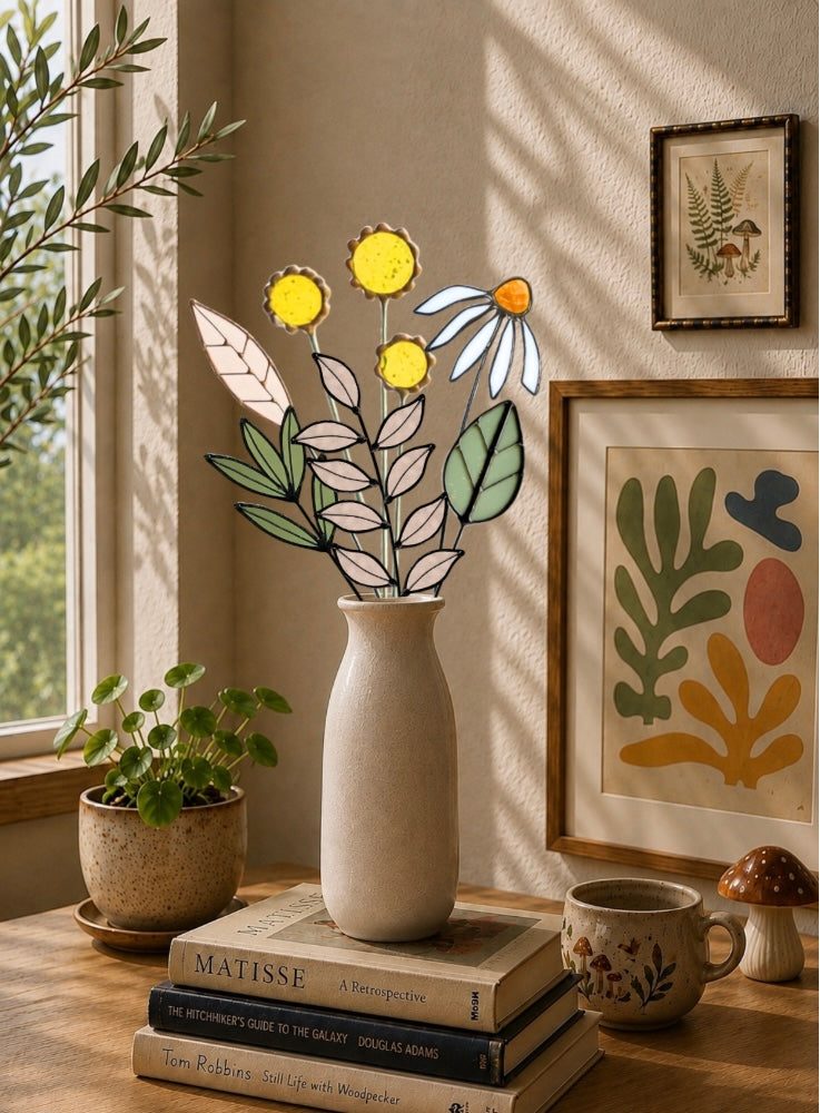 Stained Glass Wildflower Arrangement | Yellow Billy Buttons & White Coneflower