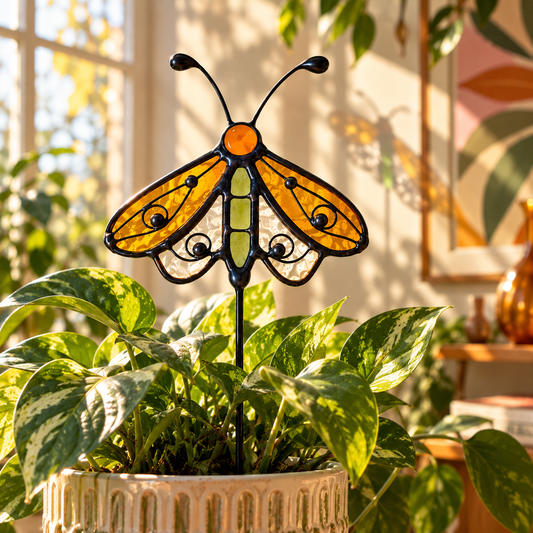 Stained Glass Moth Plant Stake | Whimsical Houseplant Decor - Samara Designs Studio