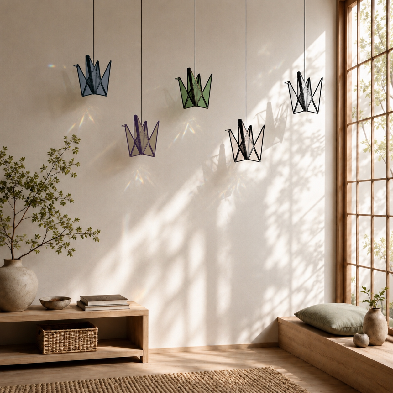Japandi Stained Glass Origami Crane Suncatcher