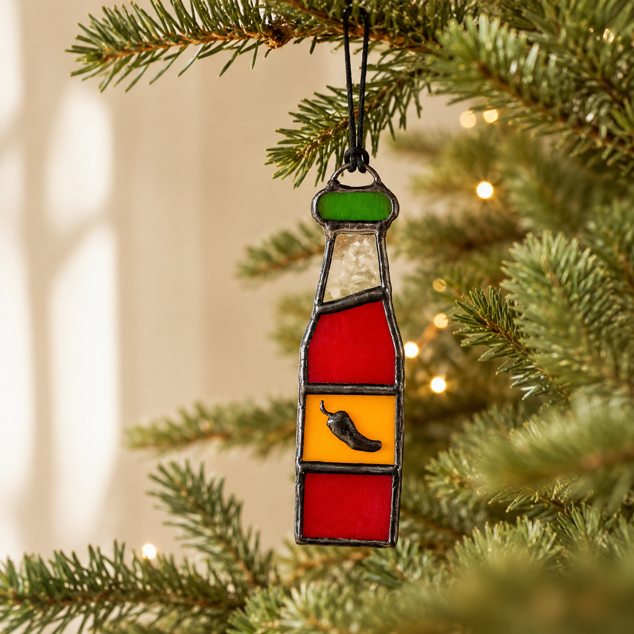 Stained Glass Hot Sauce Bottle Suncatcher & Christmas Ornament | Foodie Gift