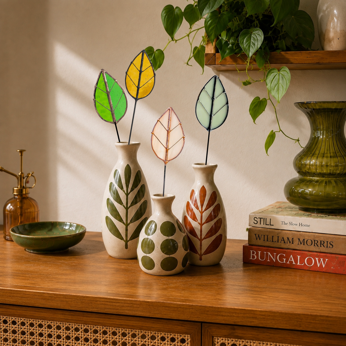 Handmade Stained Glass Leaf Stems & Plant Stakes