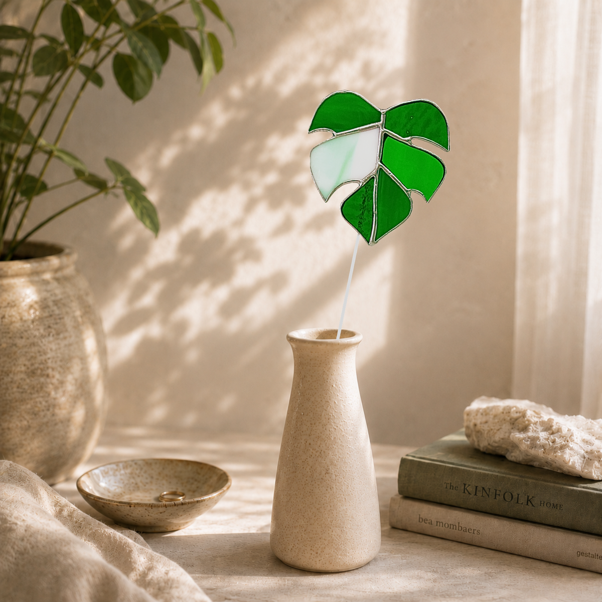 Monstera Leaf Glass Plant Stake | Handmade Stained Glass Gift - Samara Designs Studio