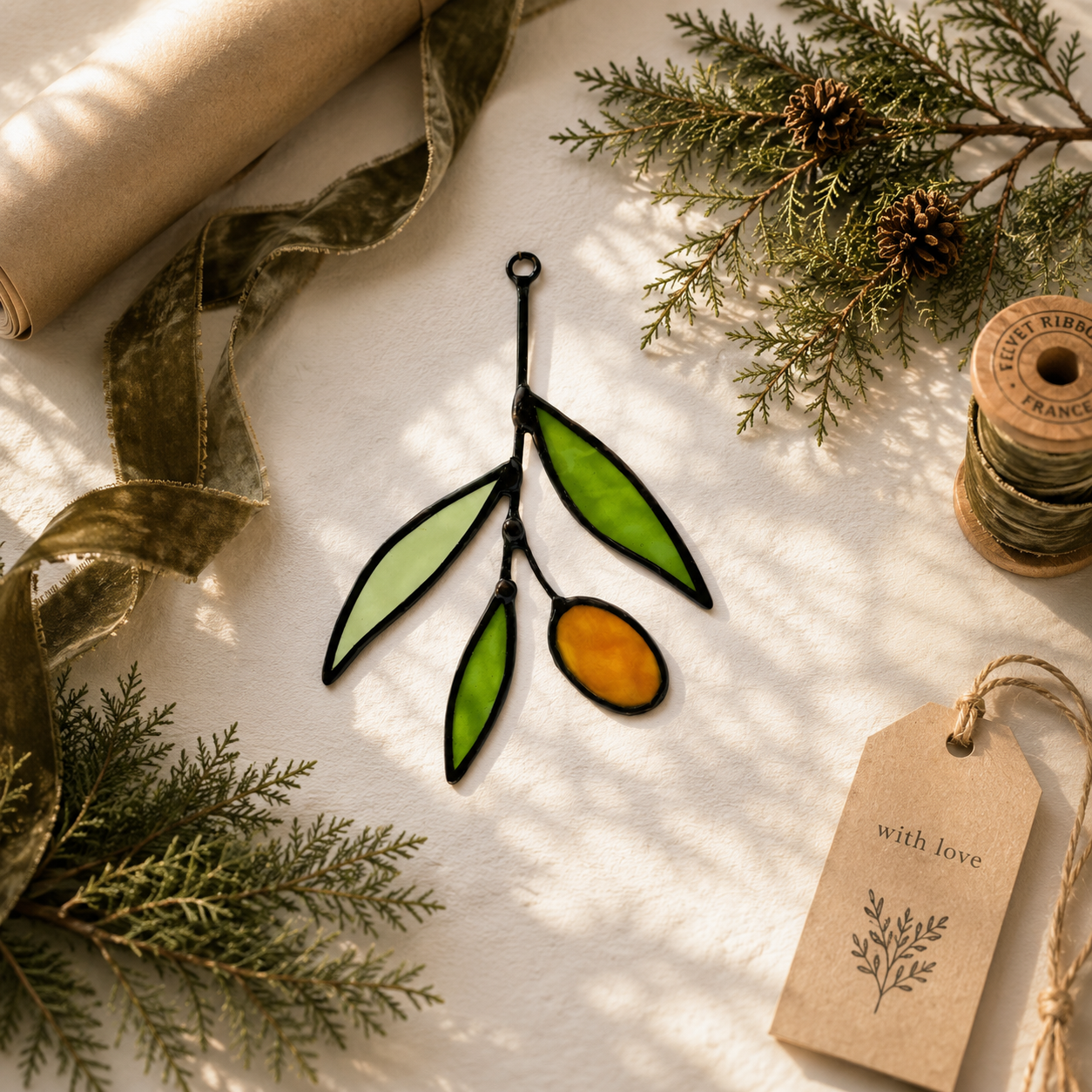 Mini Stained Glass Olive Branch Suncatcher - Samara Designs Studio
