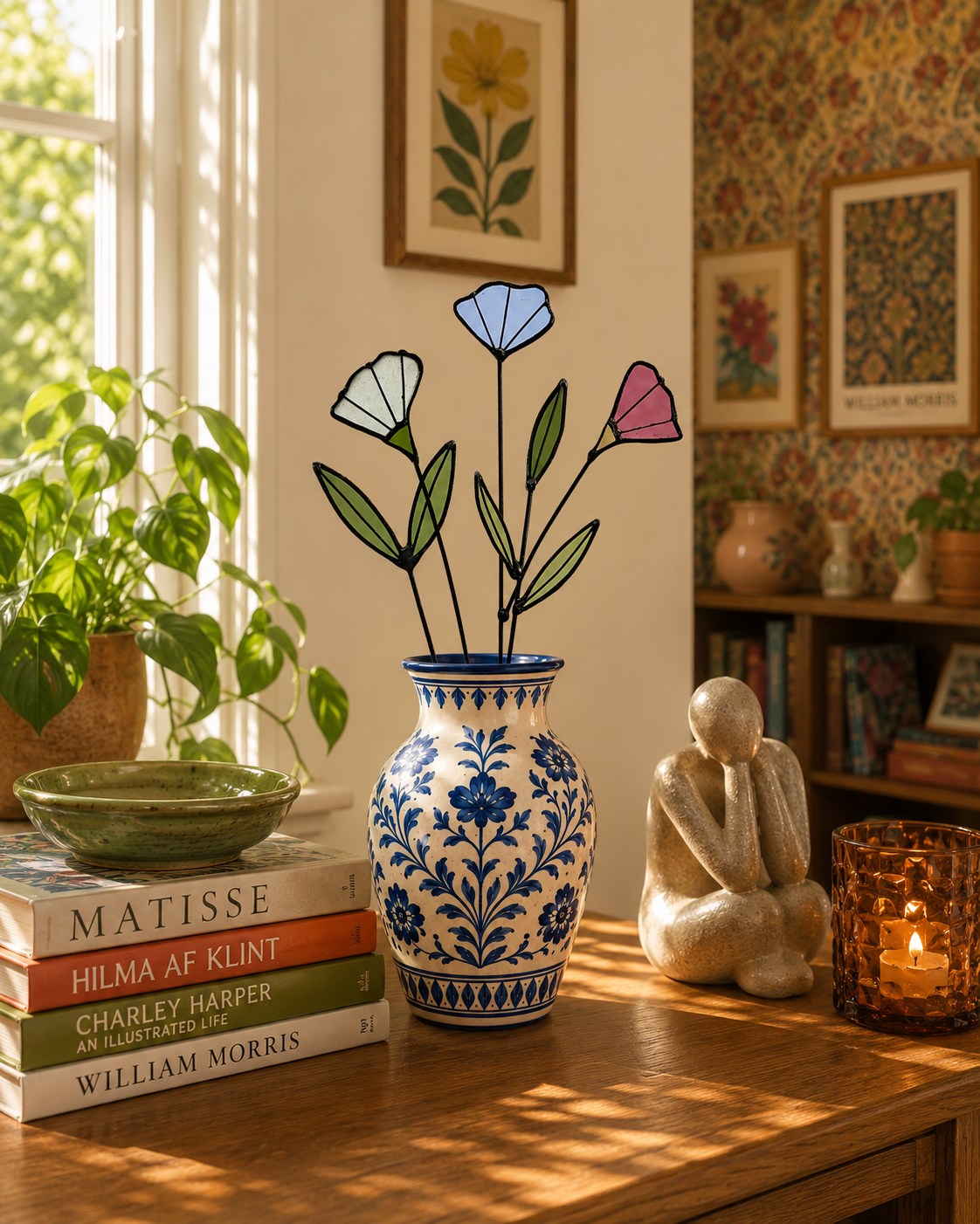 Handmade Stained Glass Wildflower Arrangement – Blue, Dusty Rose & White Blossoms - Samara Designs Studio