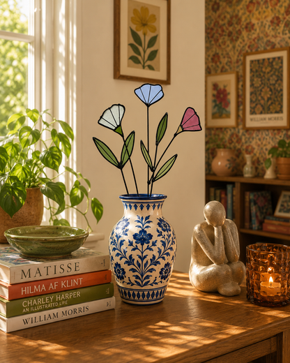 Handmade Stained Glass Wildflower Arrangement – Blue, Dusty Rose & White Blossoms - Samara Designs Studio