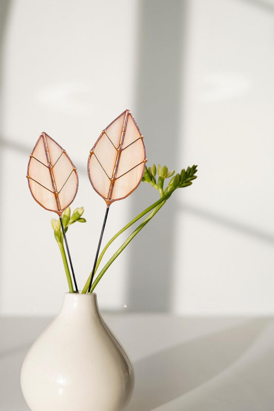 Peachy Pink Glass Leaf Plant Stake