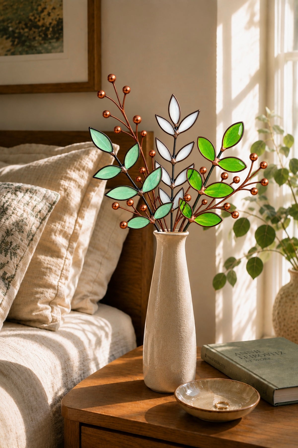 Stained Glass Botanical Arrangement | Handmade Glass Greenery & Copper Berry Sprigs