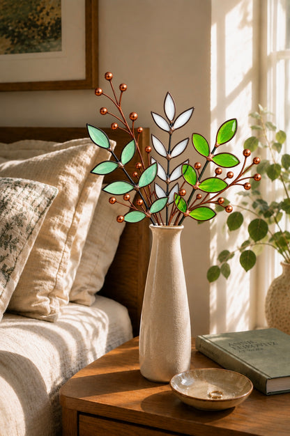 Stained Glass Botanical Arrangement | Handmade Glass Greenery & Copper Berry Sprigs
