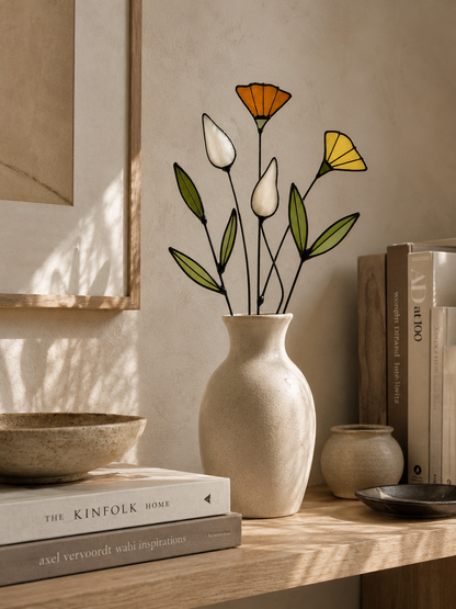 Handmade Stained Glass Wildflower Arrangement –Yellow & Olive Green - Samara Designs Studio
