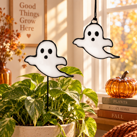 Stained Glass Swoopy Ghost | Plant Stake or Hanging Suncatcher - Samara Designs Studio