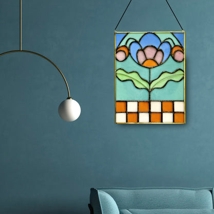 Checkered Blossom Folk Art Botanical Stained Glass Panel - Samara Designs Studio