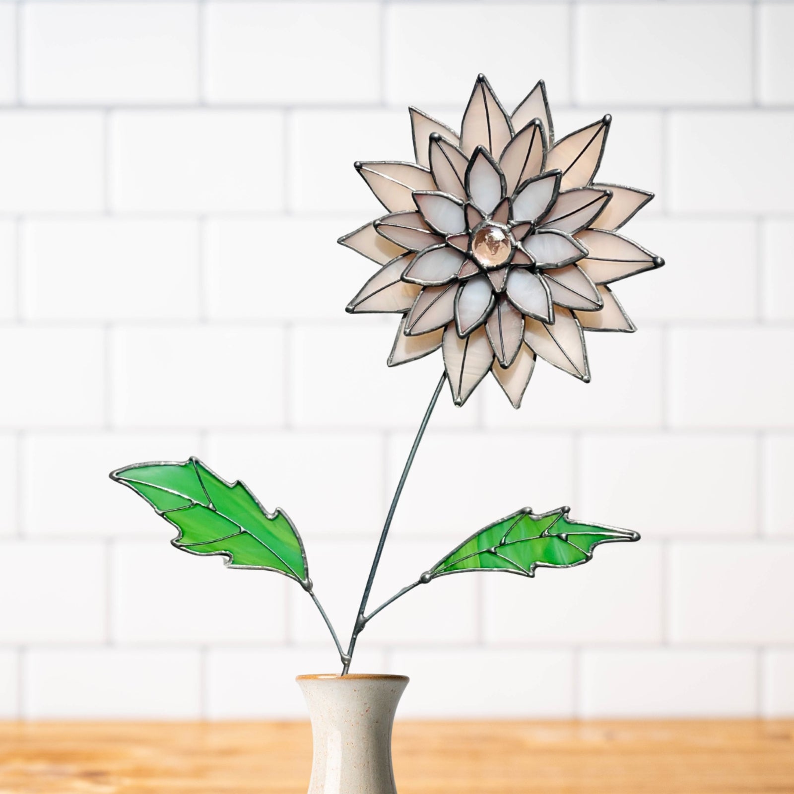 Peachy Pink 3D Stained Glass Dahlia Stem | Layered Glass Flower Art - Samara Designs Studio