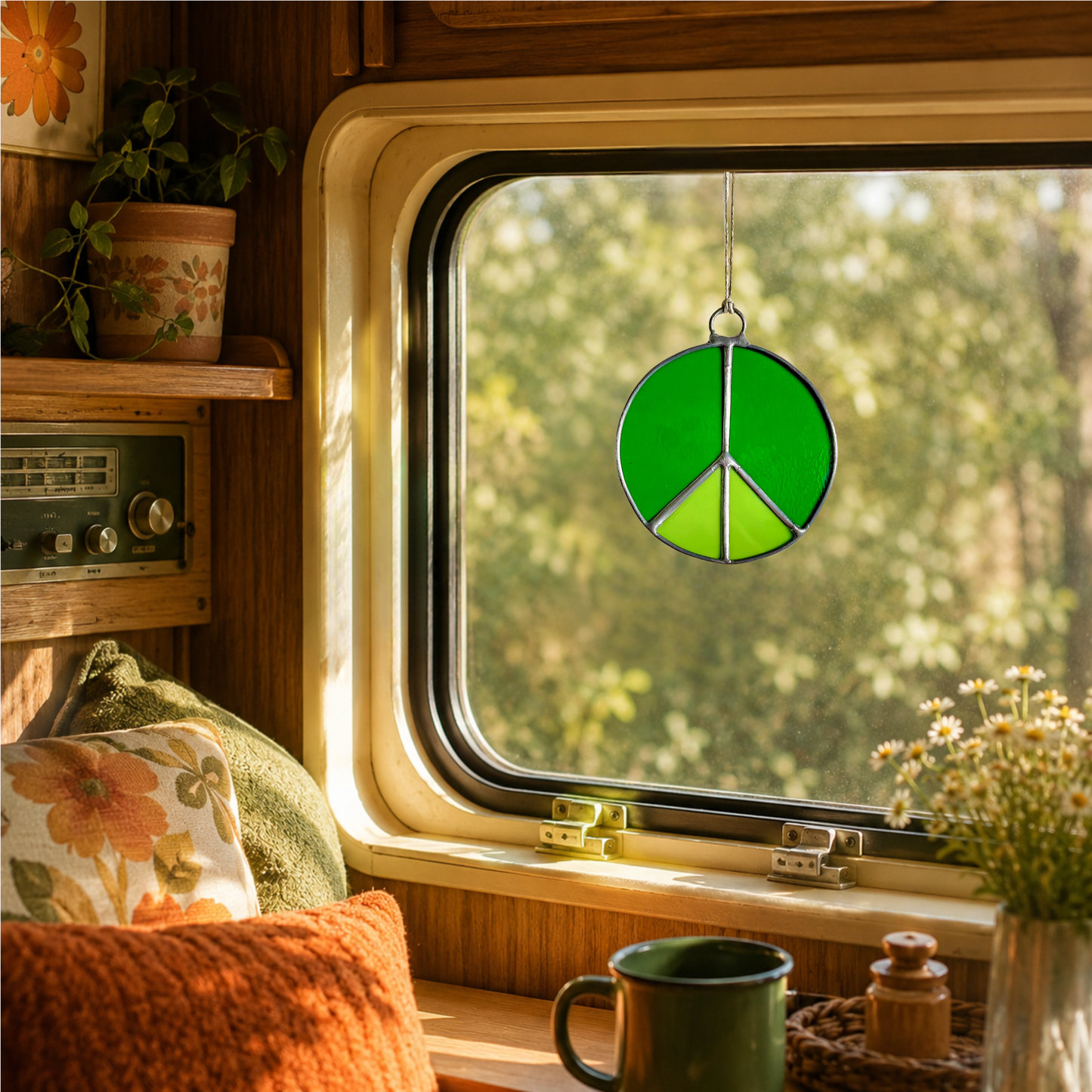 Retro Peace Sign Stained Glass Window Hanging - Samara Designs Studio