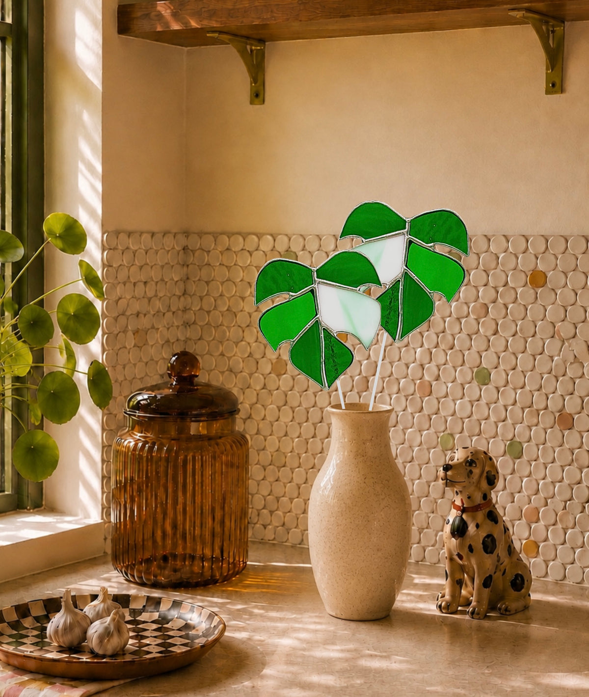 Monstera Leaf Glass Plant Stake | Handmade Stained Glass Gift - Samara Designs Studio