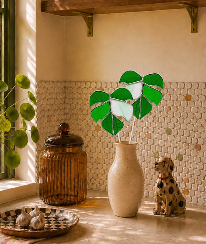 Monstera Leaf Glass Plant Stake | Handmade Stained Glass Gift - Samara Designs Studio