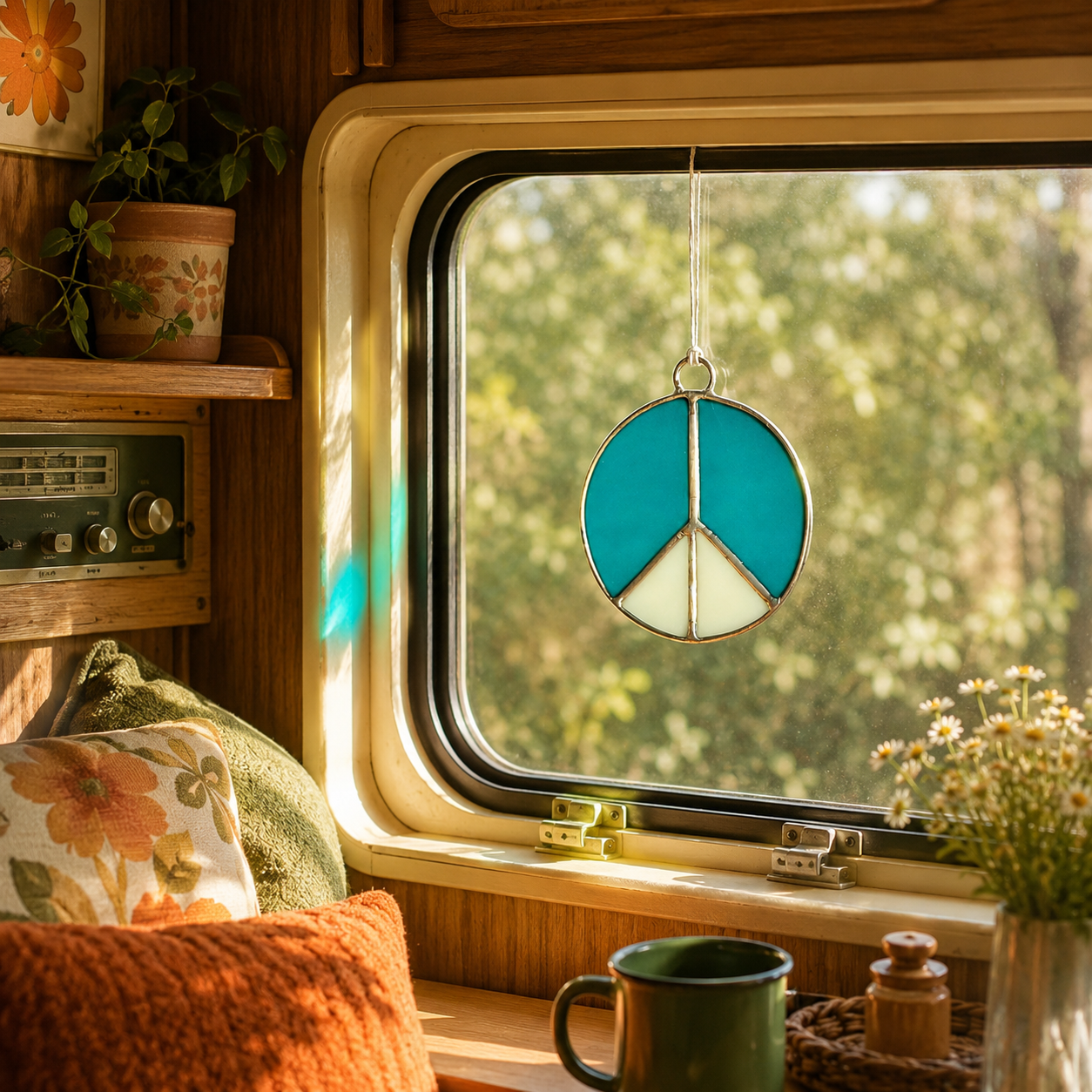Retro Peace Sign Stained Glass Window Hanging - Samara Designs Studio