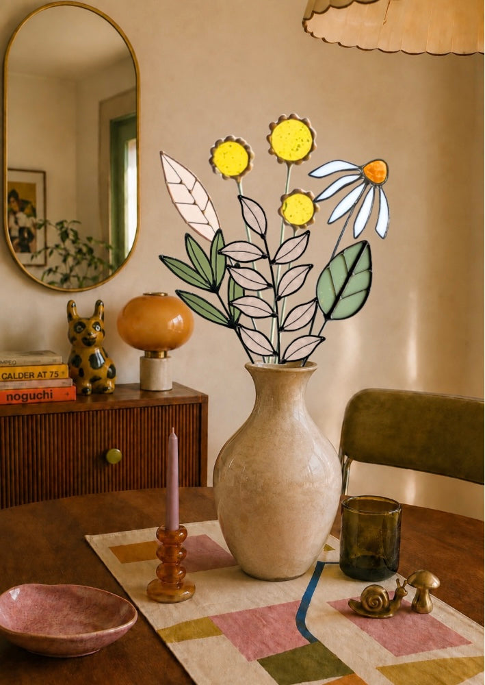 Stained Glass Wildflower Arrangement | Yellow Billy Buttons & White Coneflower