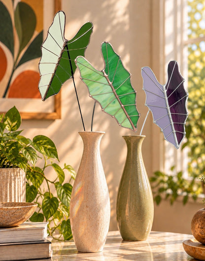 Stained Glass Alocasia Leaf Stem | Handmade Botanical Art