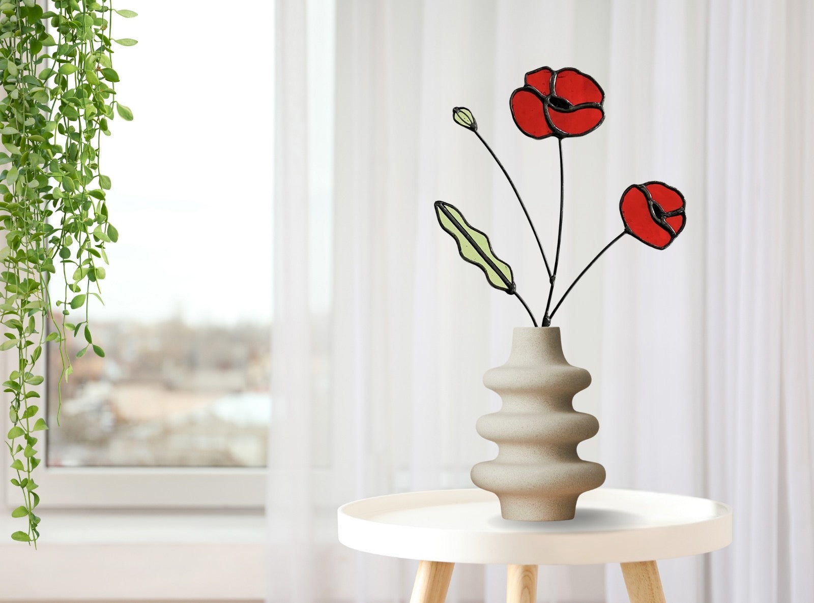 Red Poppy Stained Glass Stem – Handmade Botanical Art - Samara Designs Studio
